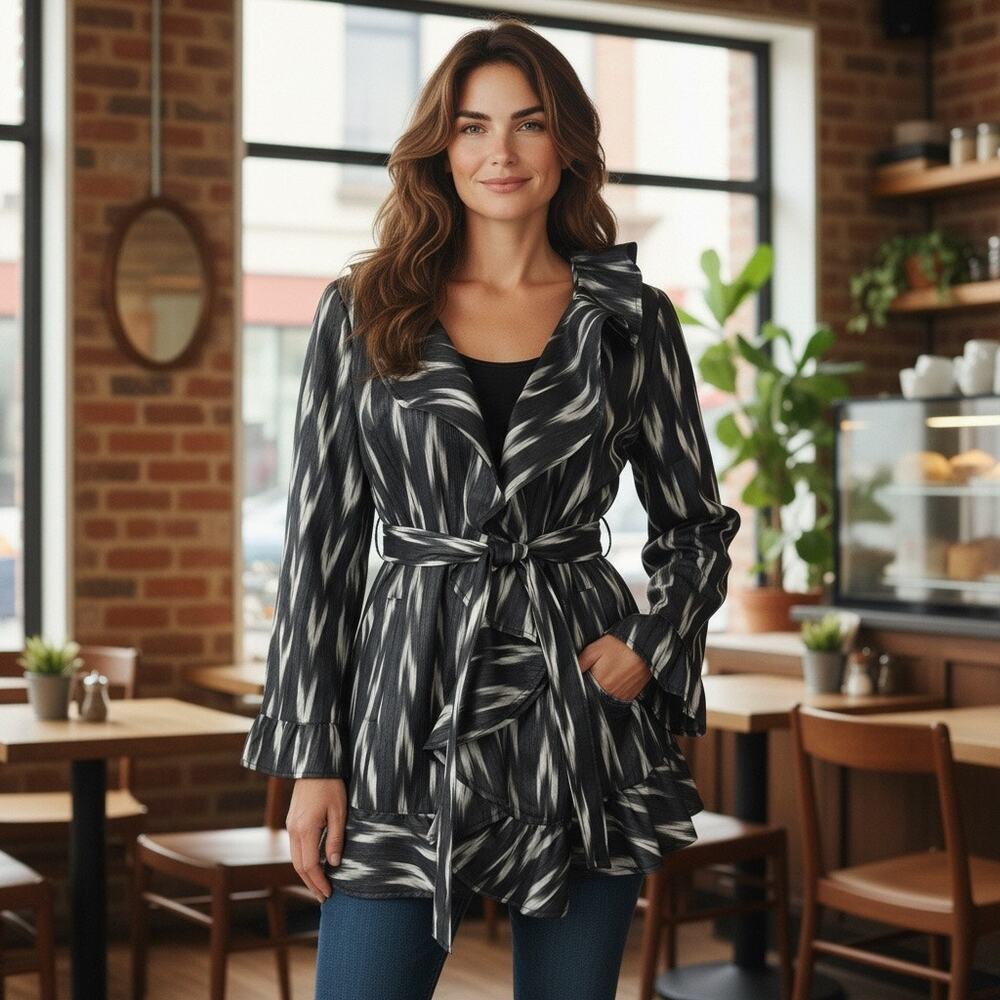 Peter Nygard black and white ikat print ruffled jacket size 10